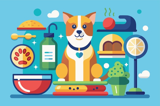 Vetor um cão empoleirado em uma pilha de vários itens de comida para animais de estimação ilustração plana personalizável de comida para gatos