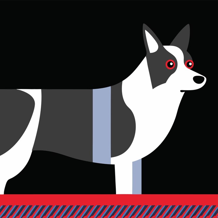 Vetor um cão preto e branco com olhos vermelhos e um fundo preto