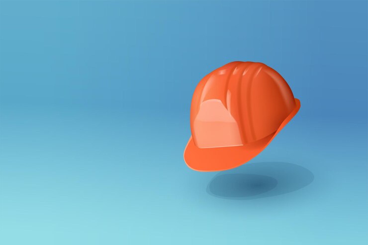 Um capacete de edifício laranja voando em azul