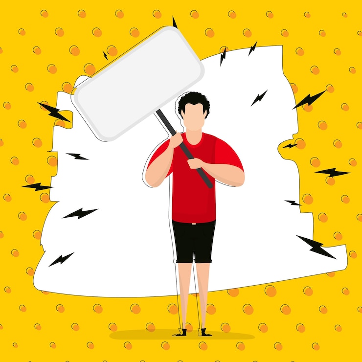 Vetor um cara com um banner vazio e espaço para o seu texto pop art flat style vector