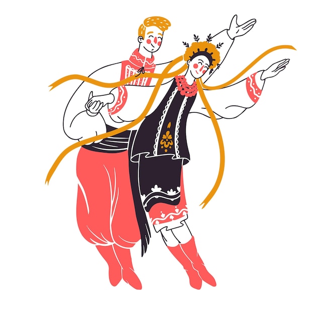 Um cara e uma garota em trajes nacionais estão dançando danças folclóricas ucranianas
