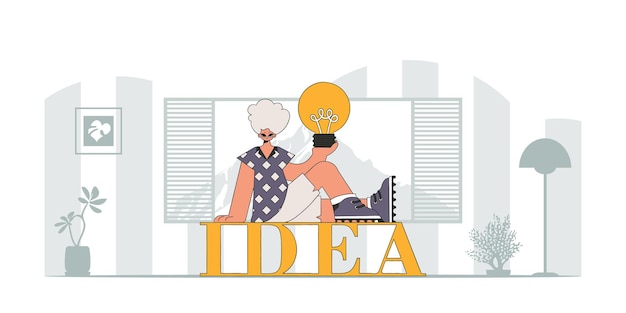 Um cara sofisticado segura uma lâmpada nas mãos Ilustração sobre o tema do surgimento de uma ideia