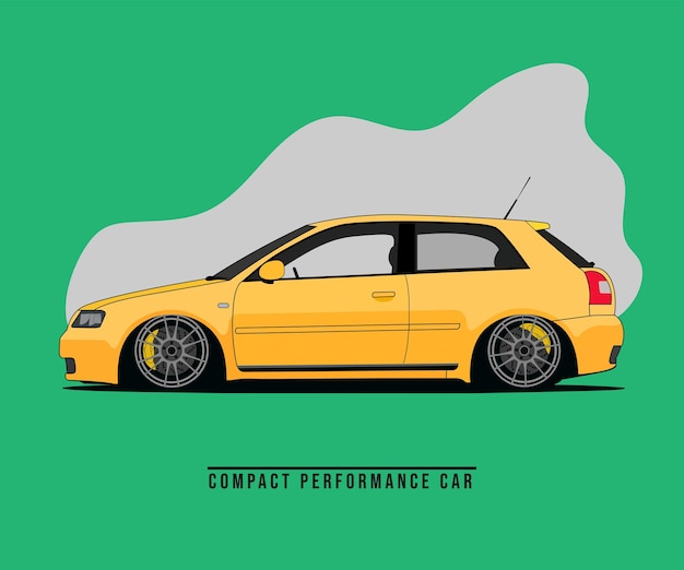 Um carro amarelo com as palavras compact performance car na frente.