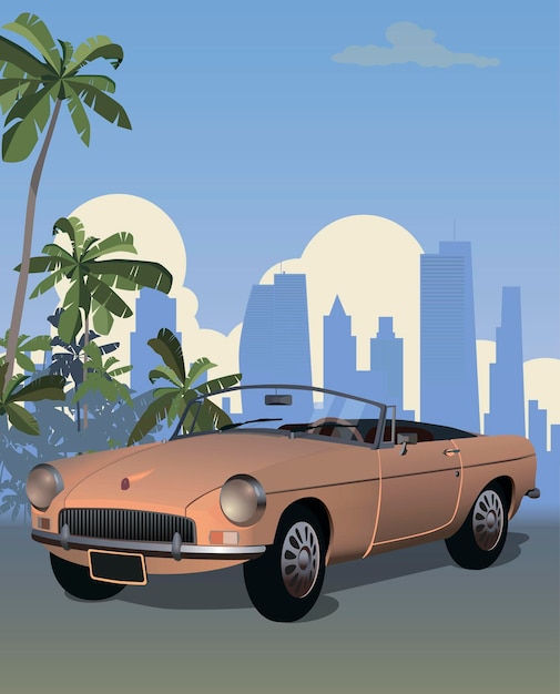 Um carro com um topo aberto contra o fundo de hotéis e palmeiras Vector
