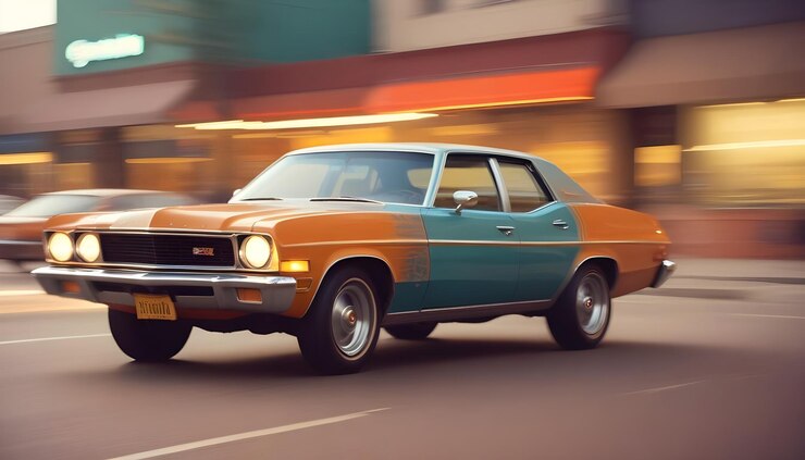 Vetor um carro vintage dirigindo por uma rua da cidade com fundo desfocado e iluminação quente o carro é um sedan clássico com um esquema de cores de dois tons de laranja e azul