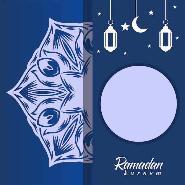 Vetor um cartão azul e branco com uma saudação do ramadã e uma estrela branca.