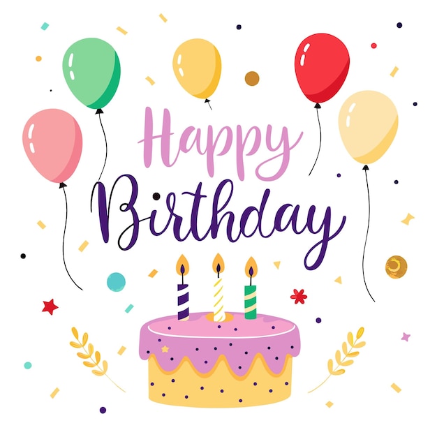 um cartão de aniversário com balões e uma foto de um bolo de aniversário
