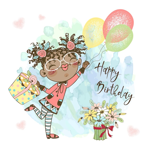 Um cartão de aniversário para uma menina linda garota com presentes de balões e bolo comemora seu aniversário vetor grátis