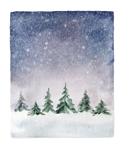 Um cartão de aquarela com uma árvore de Natal e uma floresta de inverno