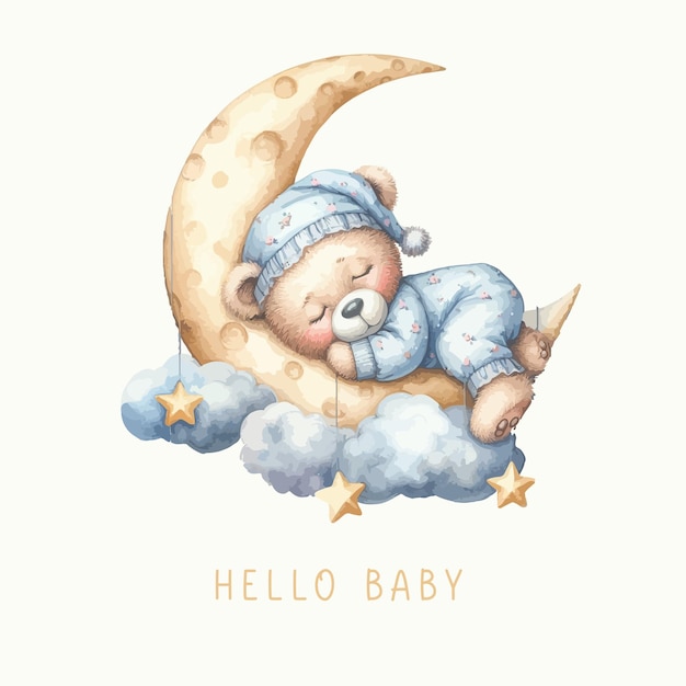 Vetor um cartão de convite de aquarela para um banho de bebê bonito com um urso adormecido na lua e na nuvem.