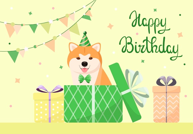 Um cartão de felicitações com um design de desenho animado de feliz aniversário para cães akita