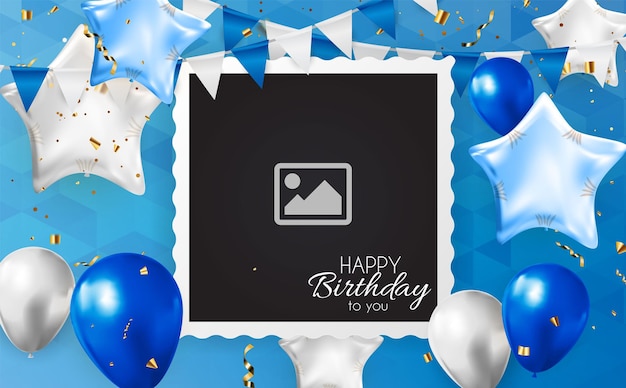 um cartão de feliz aniversário com balões e uma foto de uma casa na parte de baixo