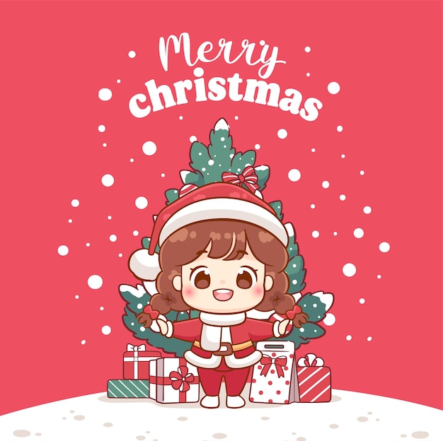 Um cartão de Natal feliz com uma rapariga bonita, o Pai Natal.
