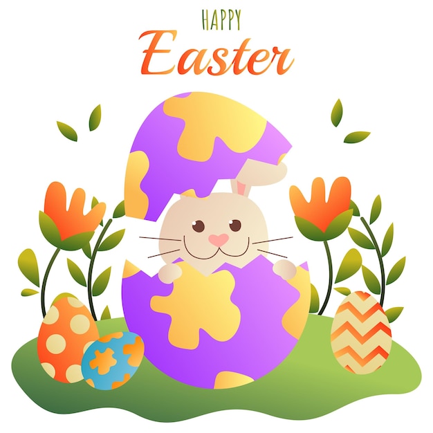 Um cartão de páscoa feliz com um coelho dentro de um ovo.