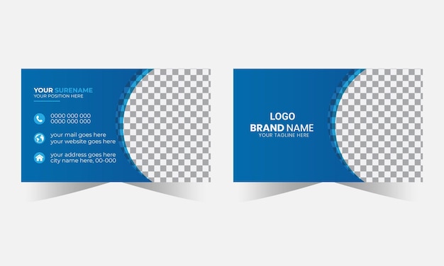 Vetor um cartão de visita azul e branco com um logotipo para uma marca.