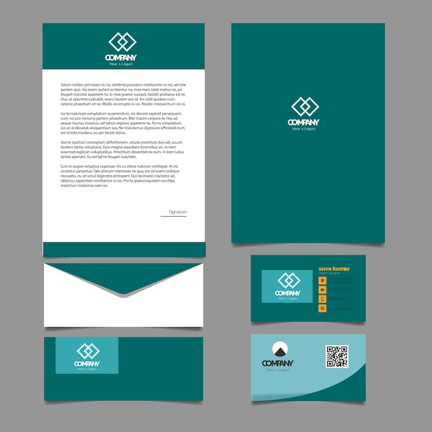 um cartão de visita azul e verde com um logotipo azul