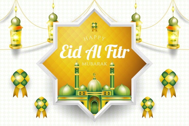 Um cartão dourado e verde com uma estrela dourada e um fundo verde que diz happy eid al filifi.
