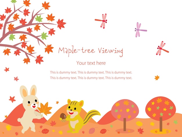 Vetor um cartão postal do coelho e do esquilo e da visualização de mapletree de outono