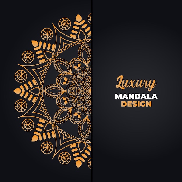 Um cartão preto e dourado com o design de mandala de luxo de texto.