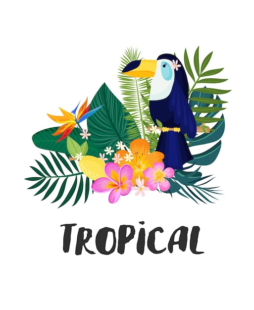 Um cartão tropical com folhas de palmeira e flores exóticas. O design da selva de verão é ideal para folhetos, cartões postais, etiquetas e designs exclusivos. Vetor