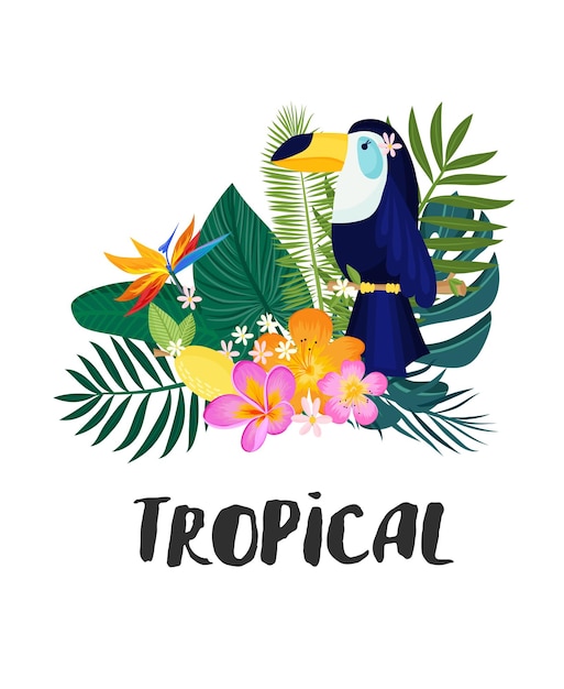 Um cartão tropical com folhas de palmeira e flores exóticas. o design da selva de verão é ideal para folhetos, cartões postais, etiquetas e designs exclusivos. vetor