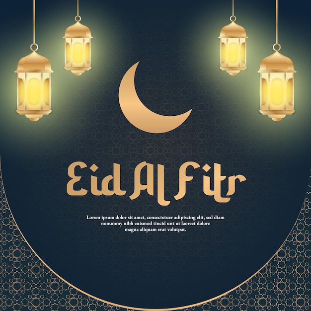 Vetor um cartaz árabe para eid al fitr com luzes e uma lua crescente