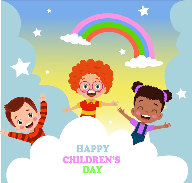 Vetor um cartaz colorido para feliz dia das crianças com uma mensagem de arco-íris e dia das crianças.