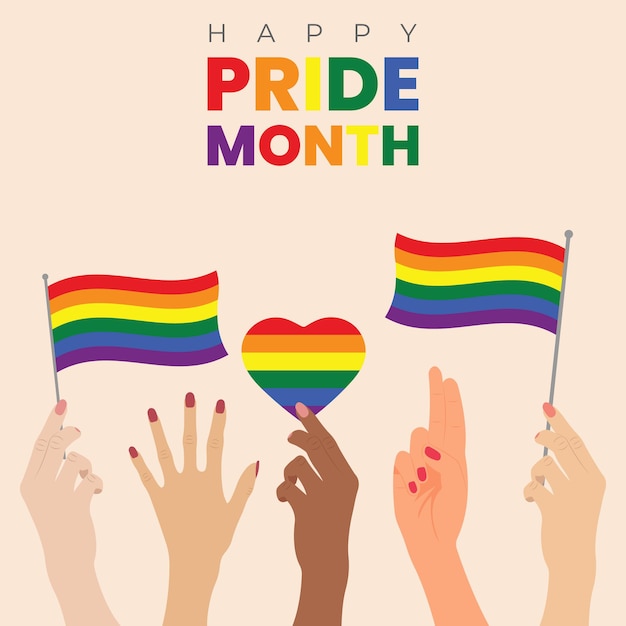 Um cartaz colorido para o mês do orgulho com as mãos segurando uma bandeira de arco-íris e um coração no meio.