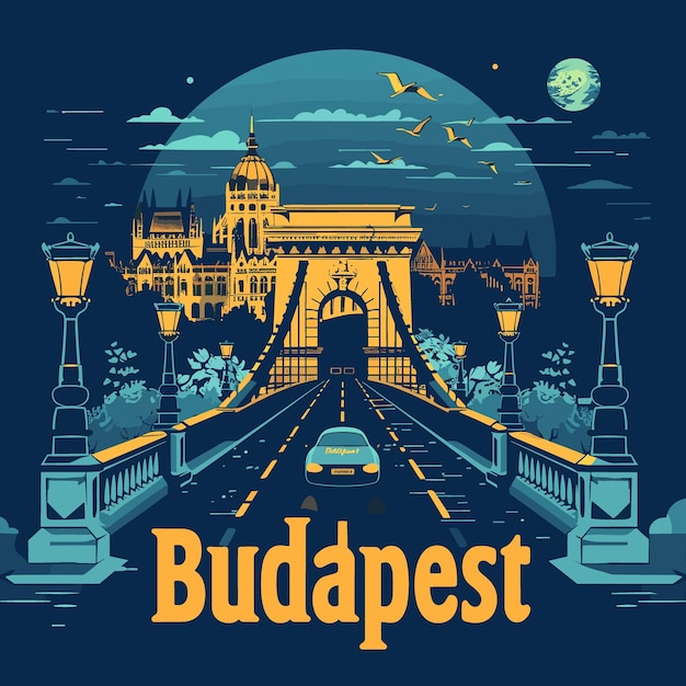 Um cartaz de budapeste com um carro descendo de uma ponte