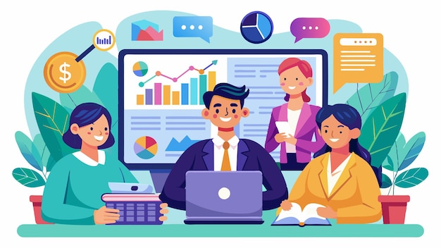 um cartaz de um homem com um homem e várias outras pessoas sentadas em uma mesa com um laptop e um gráfico