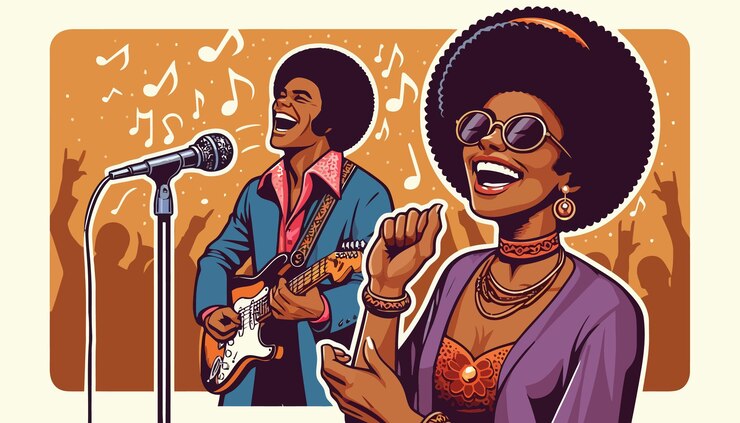 Vetor um cartaz de um homem e uma mulher cantando e tocando guitarra