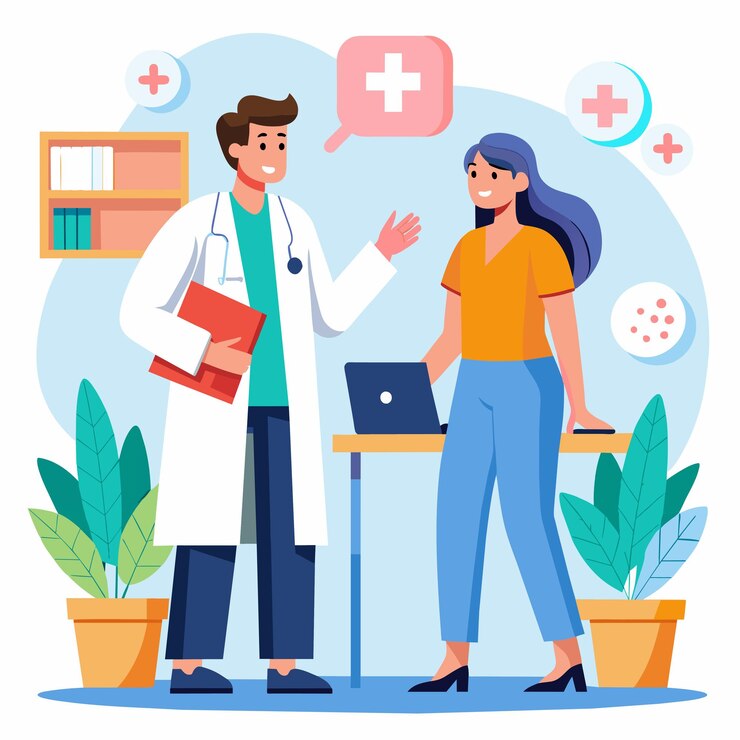 um cartaz de um homem e uma mulher falando com um médico