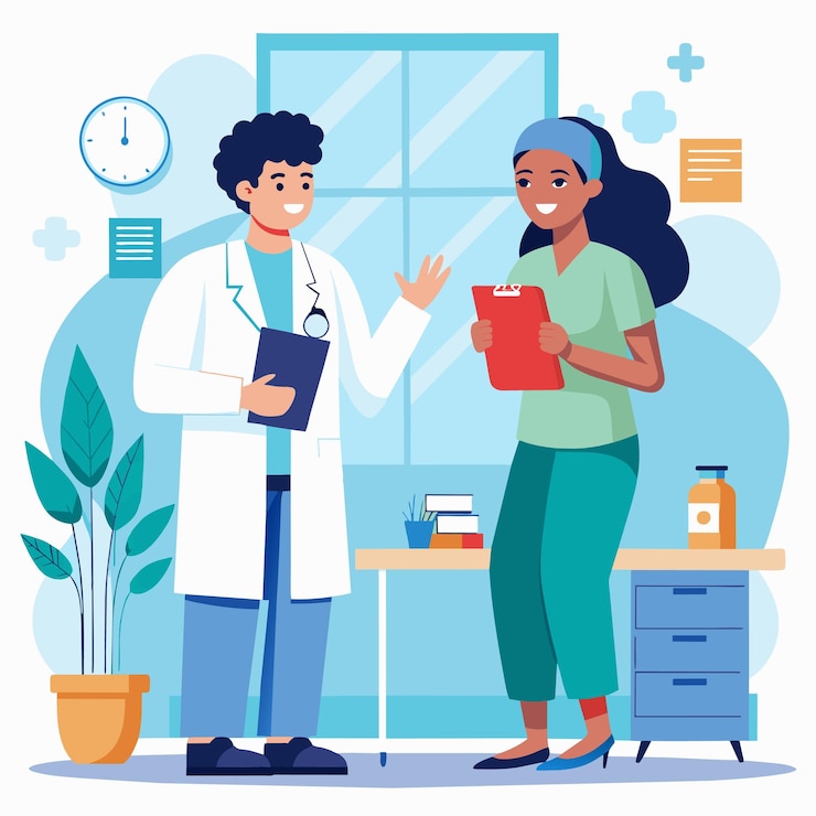 Vetor um cartaz de um médico e uma mulher com uma bata de laboratório branca
