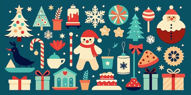 um cartaz de um tema de Natal com um boneco de neve e uma árvore de Natal