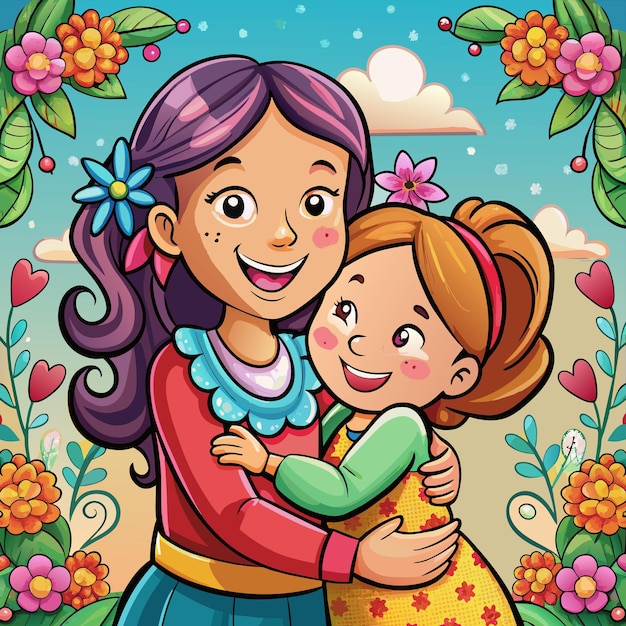 Vetor um cartaz de uma menina abraçando uma menina com flores e um fundo de céu