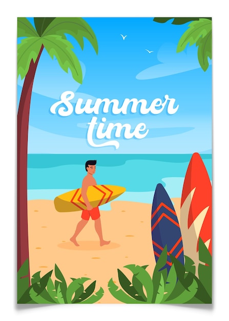 Um cartaz de verão com um surfista na praia