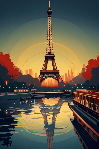 Um cartaz de viagens em estilo retro vintage para paris, frança, com a famosa torre eiffel e o rio sena