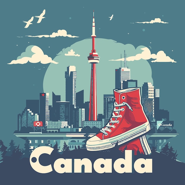 Um cartaz do canadá com um par de sapatos converse vermelhos em cima dele