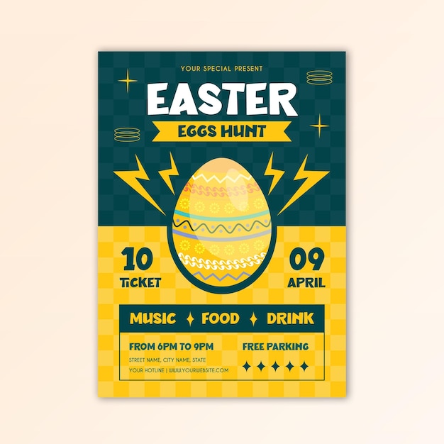 Vetor um cartaz para a caça aos ovos de páscoa com um prato de comida e música.