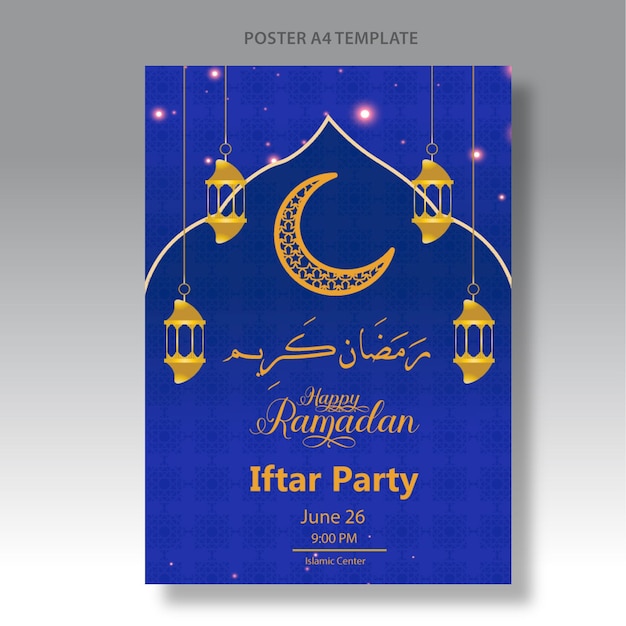 Um cartaz para a festa do Ramadã com fundo azul e letras douradas.