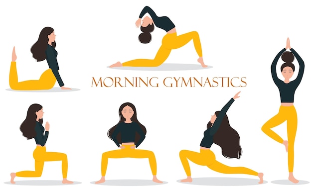 Um cartaz para ginástica matinal com uma mulher fazendo ioga.