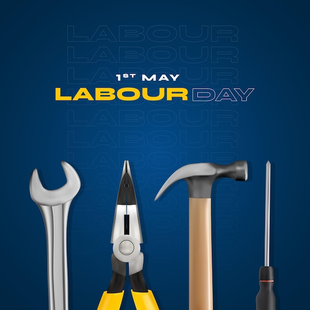 Um cartaz para o dia do trabalho com ferramentas e um martelo.