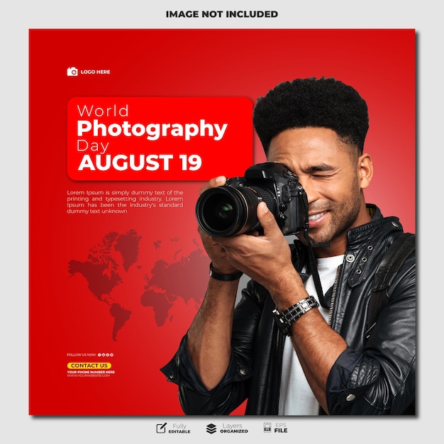 um cartaz para o dia mundial da fotografia com uma foto de um homem tirando uma foto