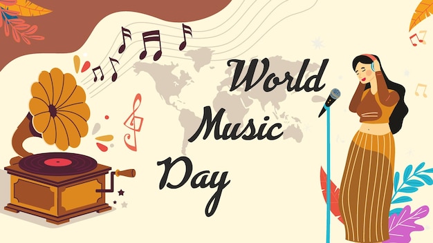 um cartaz para o dia mundial da música com um mapa do mundo