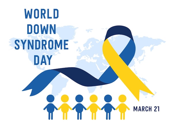 Um cartaz para o dia mundial da síndrome de down com uma fita azul e um grupo de pessoas de mãos dadas.