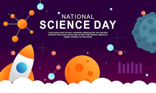 Vetor um cartaz para o dia nacional da ciência com um foguete e estrelas.