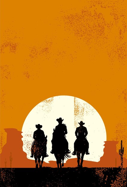 Vetor um cartaz para o filme estrelado por atores silueta de cowboys ao pôr do sol em estilo grunge