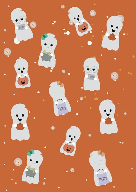 Um cartaz para o halloween fantasmas fofos com uma abóbora, um saco de doces, um pote padrão