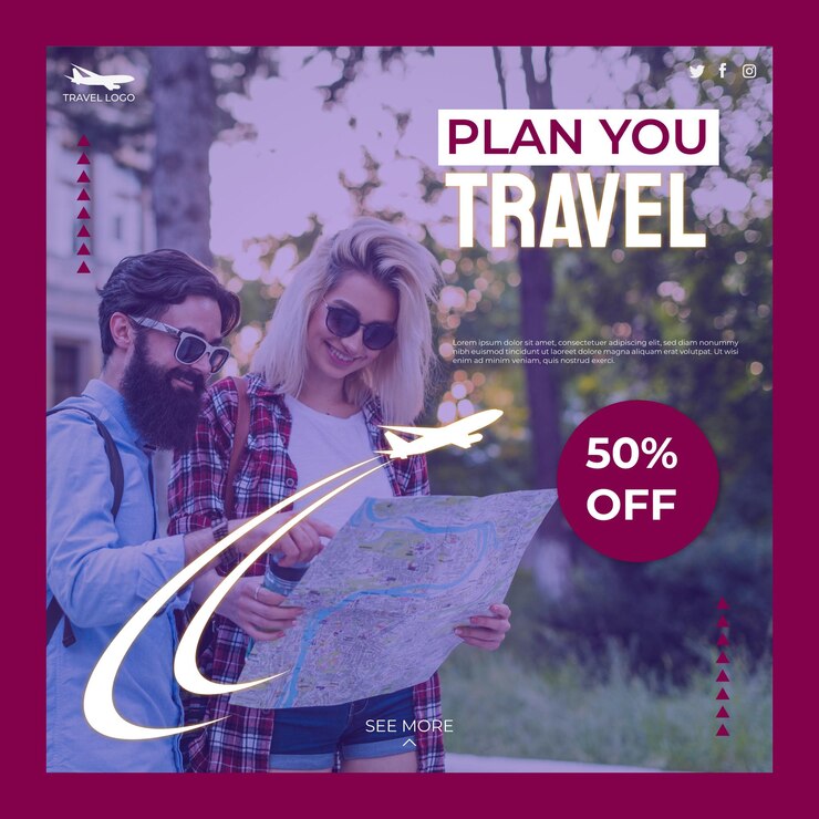 Um cartaz para o plano de viajar com um homem e uma mulher