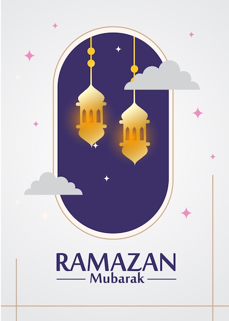 Um cartaz para o ramadã com lâmpadas de ouro e um céu azul